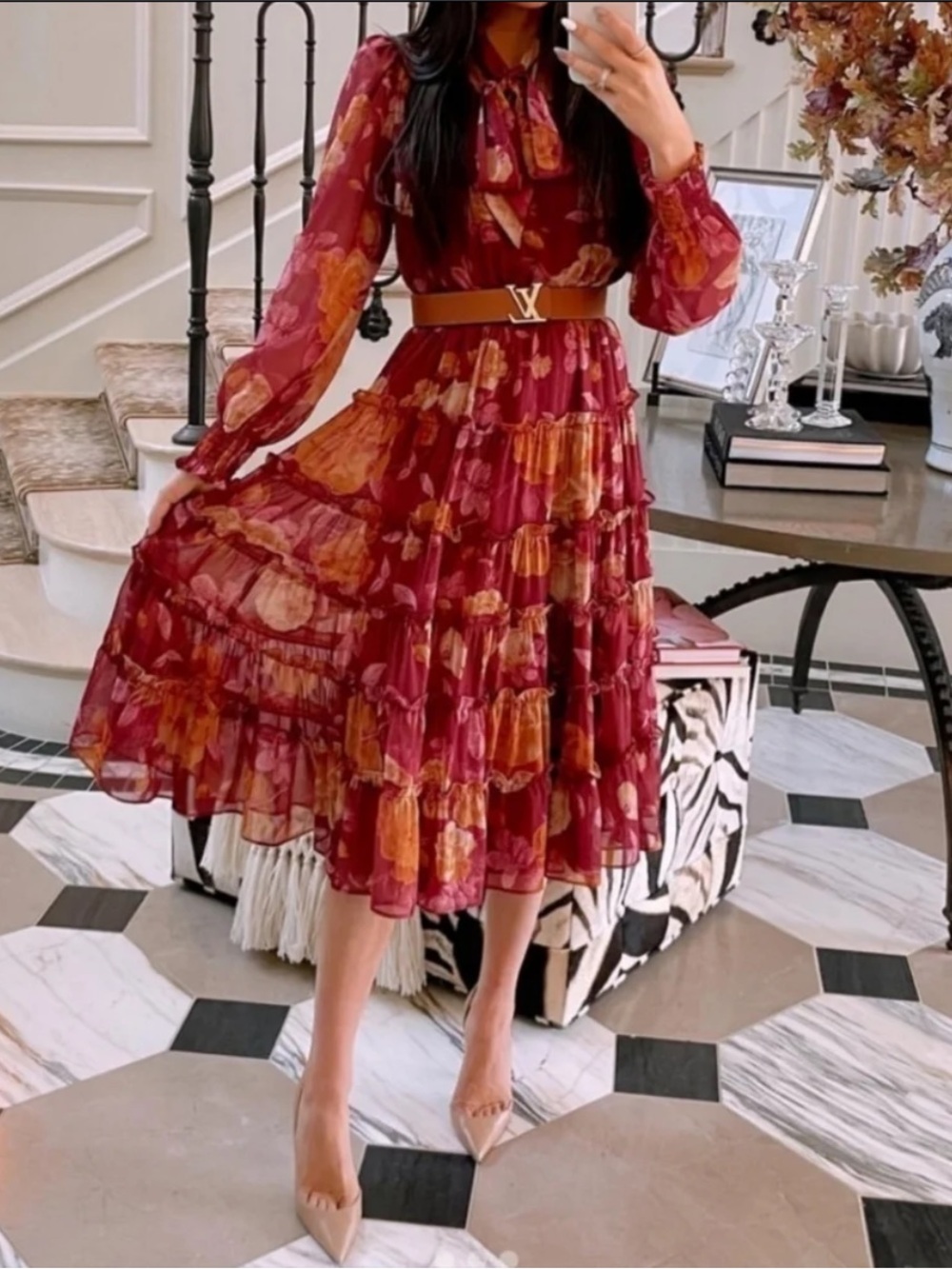 Rachel Parcell Floral Tie Neck Tiered Long Sleeve Midi Dress, Deep Red & Orange